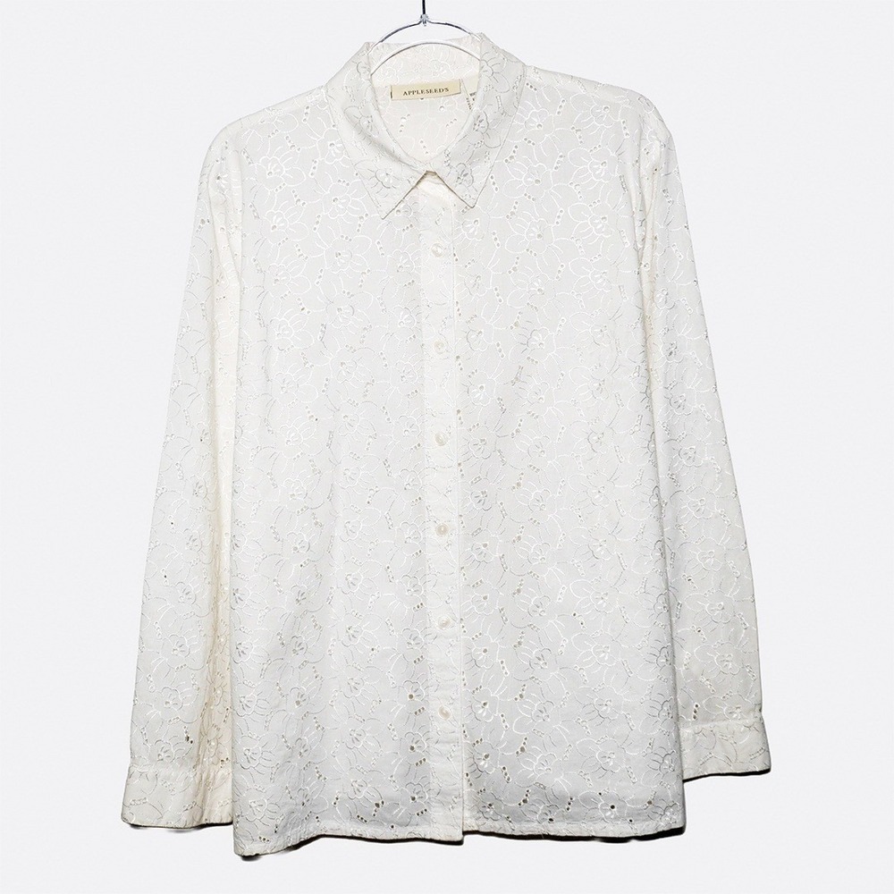 Romantic White 100% Cotton Eyelet Button-Down Top Feminine Luxe Plus Size 2X XXL - Picture 2 of 6